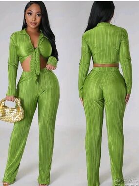 Green Ribbed Tie-Front Crop Top & High-Waist Pants Set